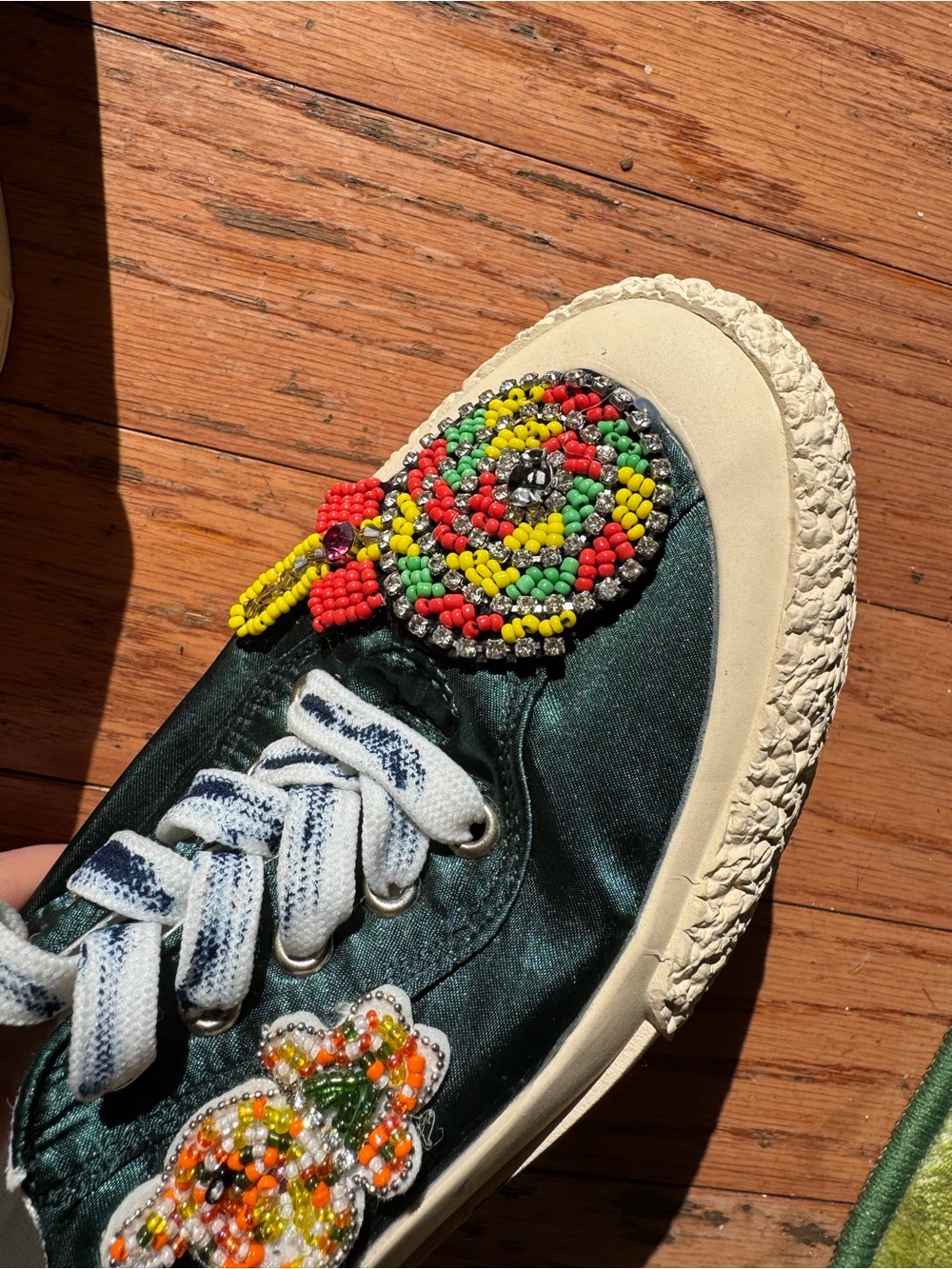 Embellished Green Satin Low-Top Sneakers - Picture 5 of 5